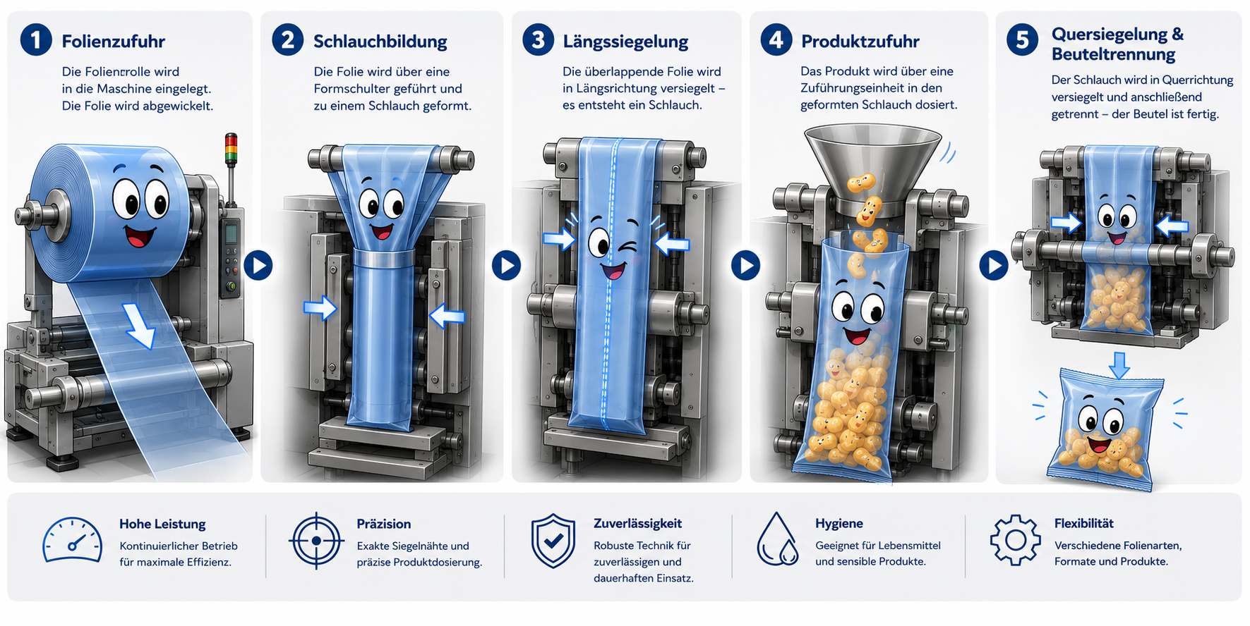Funktionsprinzip einer Schlauchbeutelmaschine: Folienzufuhr, Schlauchbildung, Längs- und Quersiegelung mit Produktdosierung